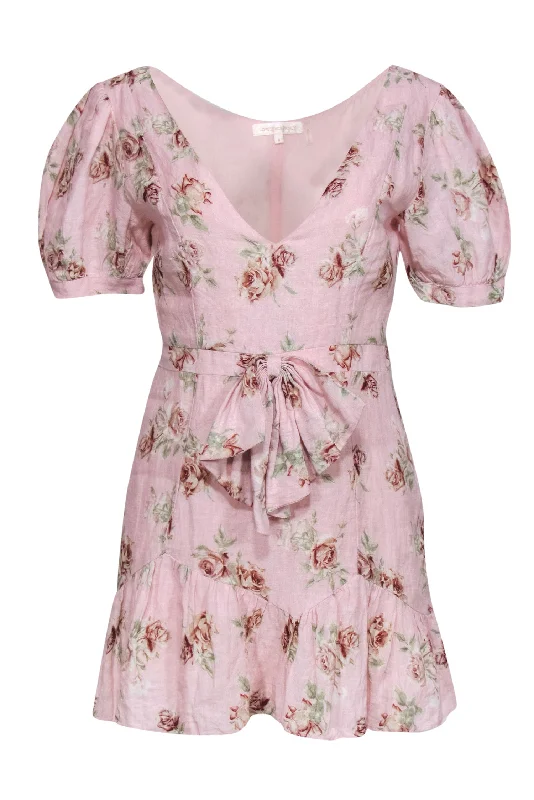 LoveShackFancy - Pink Rose Print Puff Sleeve Linen Dress w/ Bow Sz S Office unclassified dresses