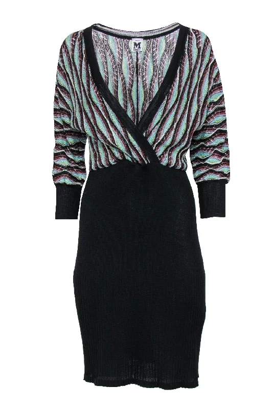 Missoni - Green, Multicolor & Black Knit Plunge Sheath Dress Sz 8 Color block unclassified dresses