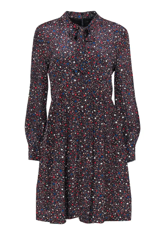 Madewell - Black & Multicolor Star Print Silk Sheath Dress w/ Necktie Sz 4 Lace unclassified dresses