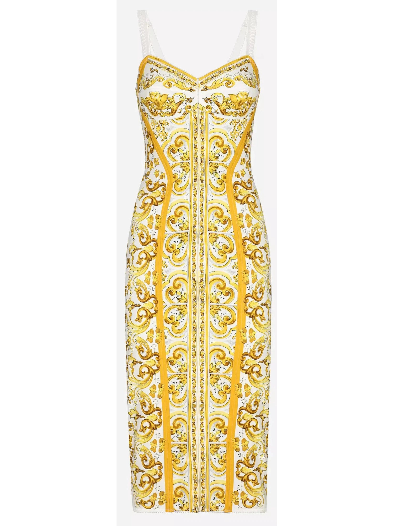 Majolica Italian Print Charmeuse Silk Corset Dress in Yellow and White Open-back unclassified dresses