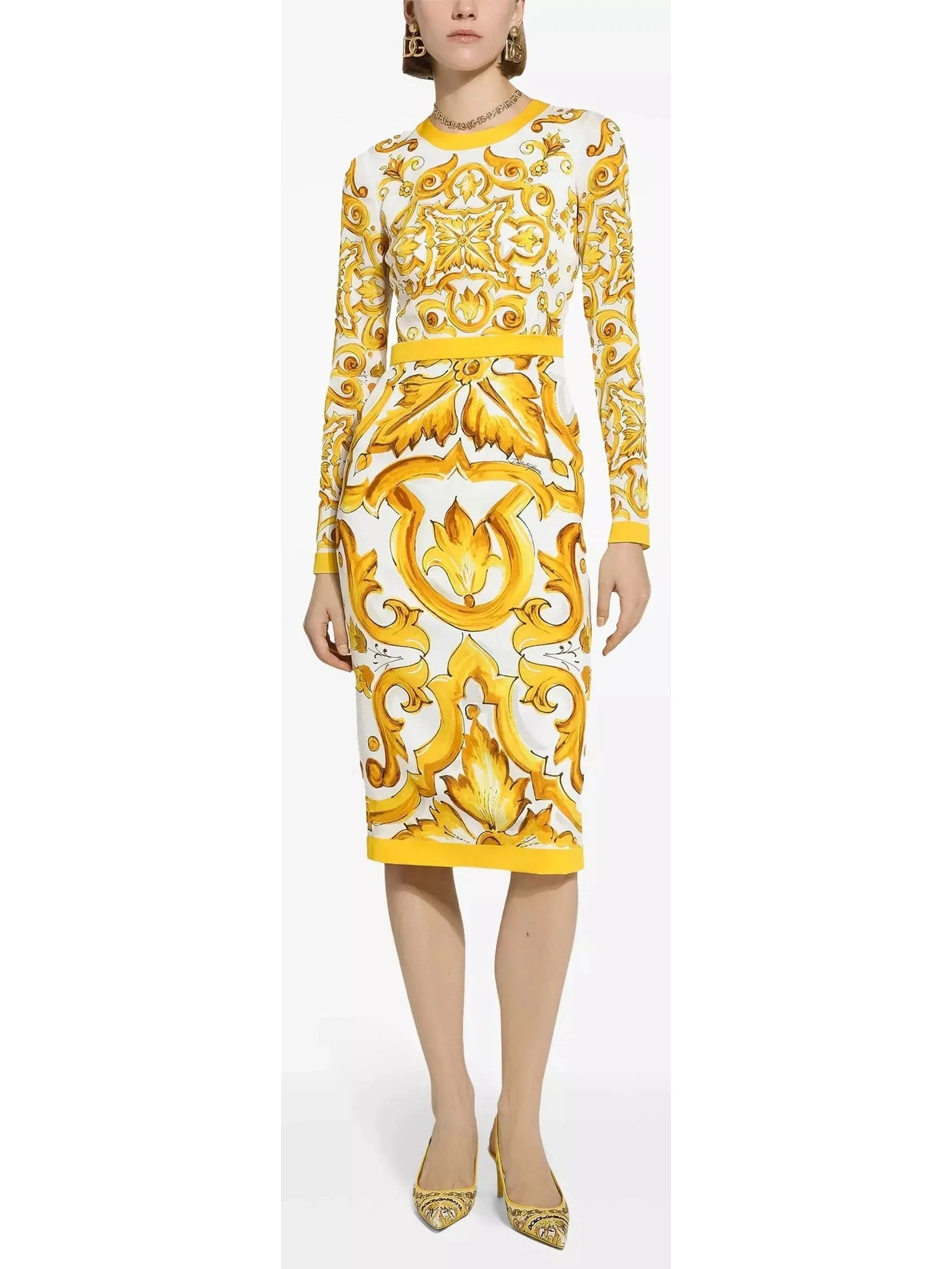 Majolica Italian Printed Charmeuse Silk Calf-Length Sheath Dress Gothic unclassified dresses