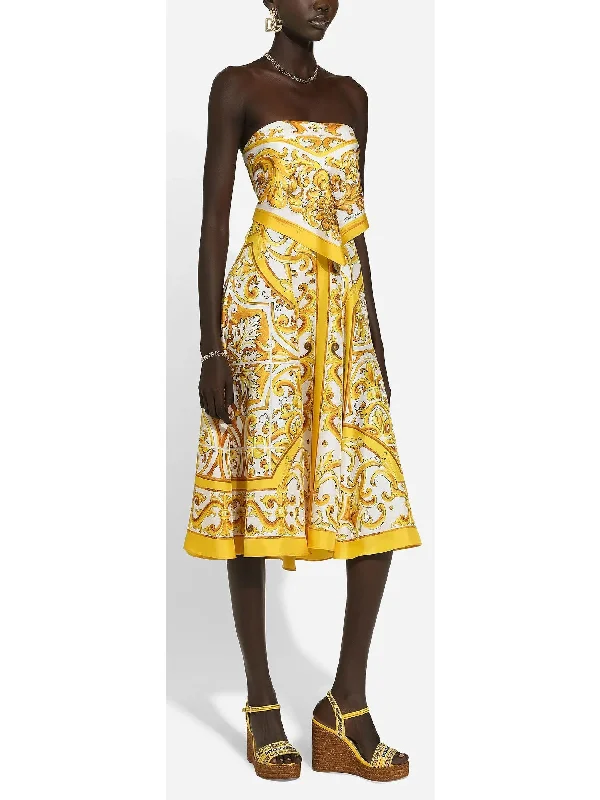 Majolica Italian Printed Strapless Printed Silk Charmeuse Dress in Yellow and White Formal unclassified dresses