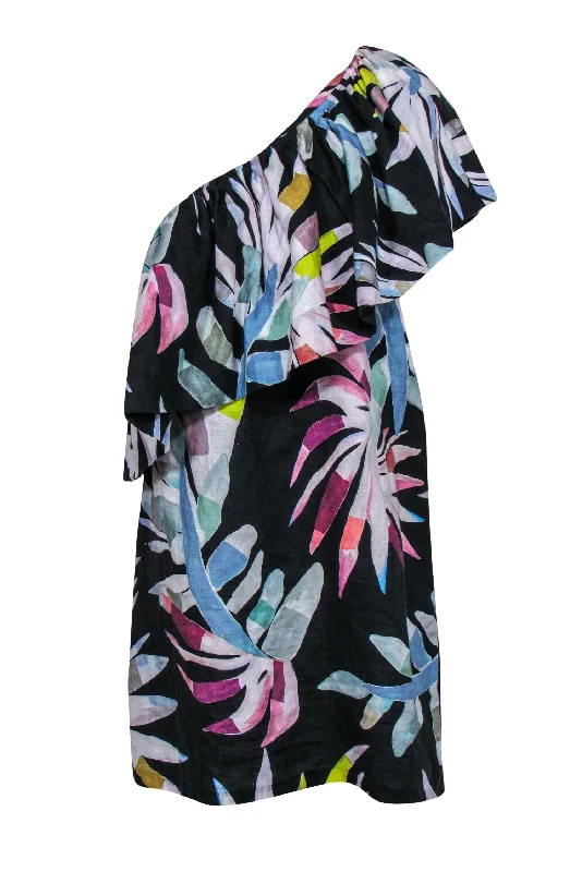 Mara Hoffman - Black & Multicolor Leaf Print One-Shoulder Dress w/ Flounce Top Sz 12 Graduation unclassified dresses