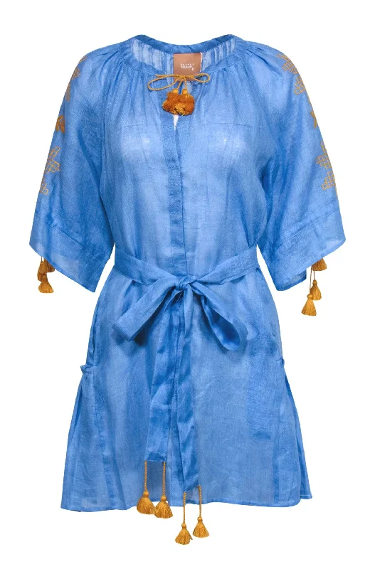 March 11 - Blue & Yellow Embroidered Belted Linen Shift Dress w/ Tassels Sz M Backless unclassified dresses