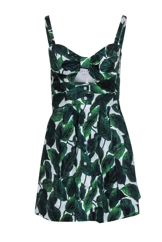 Milly - Green & White Leaf Print Sleeveless Fit & Flare Dress w/ Cutout Sz 0 Gothic unclassified dresses