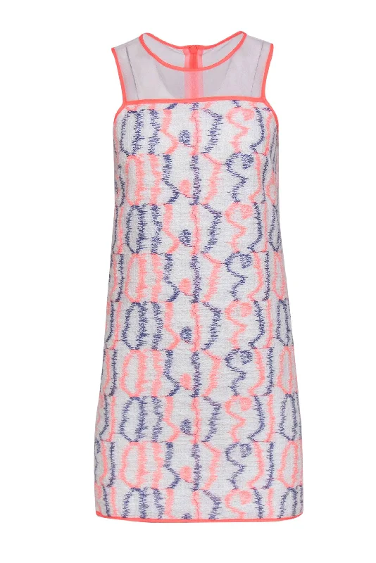 Milly - Neon Pink, Navy & White Embroidered Dress w/ Illusion Neckline Sz 2 Sequin unclassified dresses