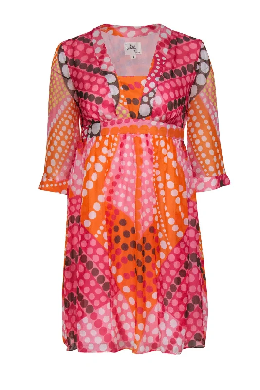 Milly - Pink & Orange Polka Dot Printed Empire Waist Dress Sz 2 Bold pattern unclassified dresses