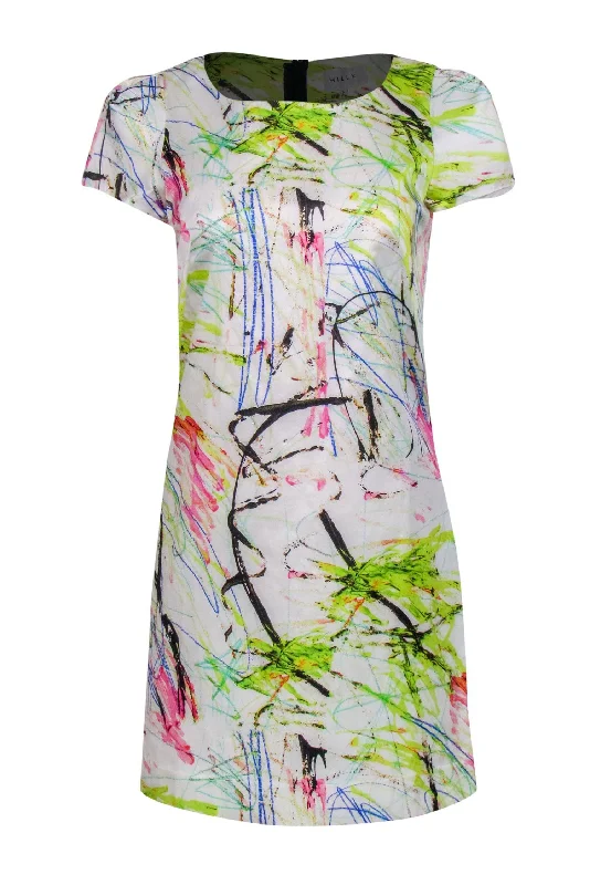 Milly - White & Multi-Scribbled Print Cotton Blend Sheath Dress Sz 6 Sequin unclassified dresses