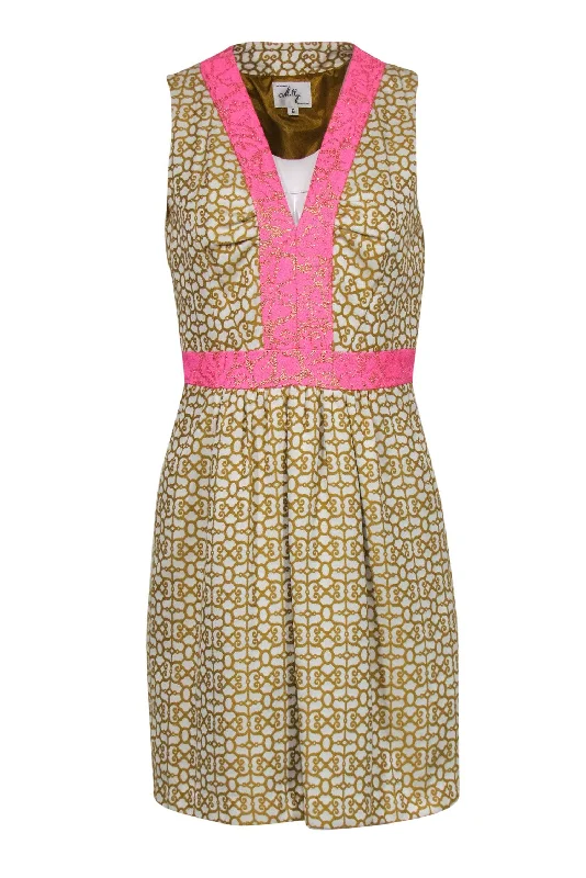 Milly - Cream & Green Print Sleeveless Dress w/ Pink Trim Sz 6 Minimalist unclassified dresses