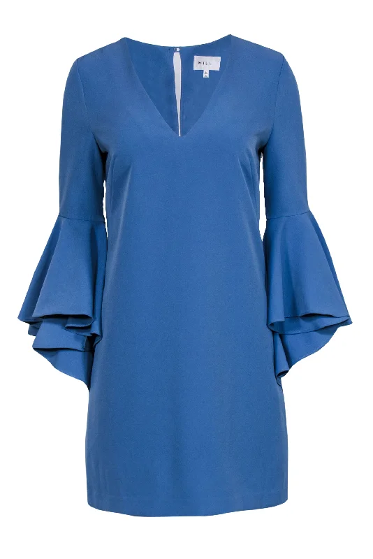 Milly - Slate Blue V-Neck Shift Dress w/ Ruffle Bell Sleeves Sz 6 Affordable unclassified dresses