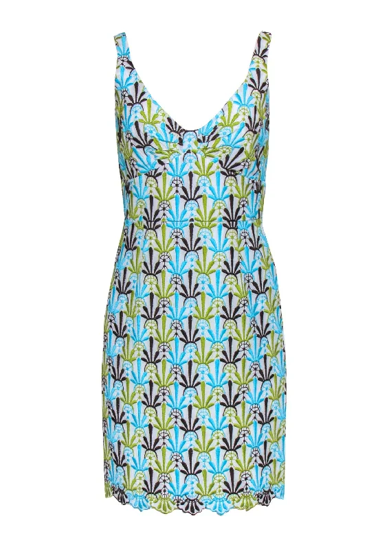 Milly - White, Green, & Blue Embroidered Print Cotton Sheath Dress Sz 8 Lightweight unclassified dresses