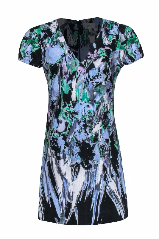 Milly - Black & Pastel Multicolor Brush Stroke V-Neck Dress Sz 8 Chiffon unclassified dresses