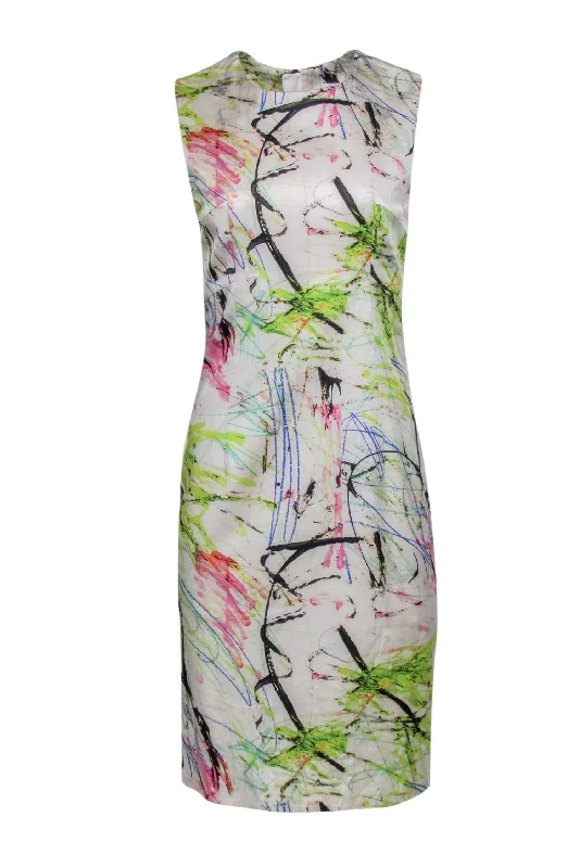 Milly - White & Multi-Scribbled Print Sleeveless Shift Dress Sz 8 Monochrome unclassified dresses