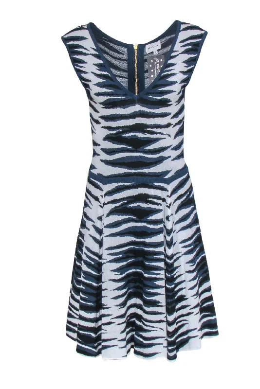 Milly - White Navy & Black Zebra Print Fit & Flare Dress Sz L Breathable unclassified dresses