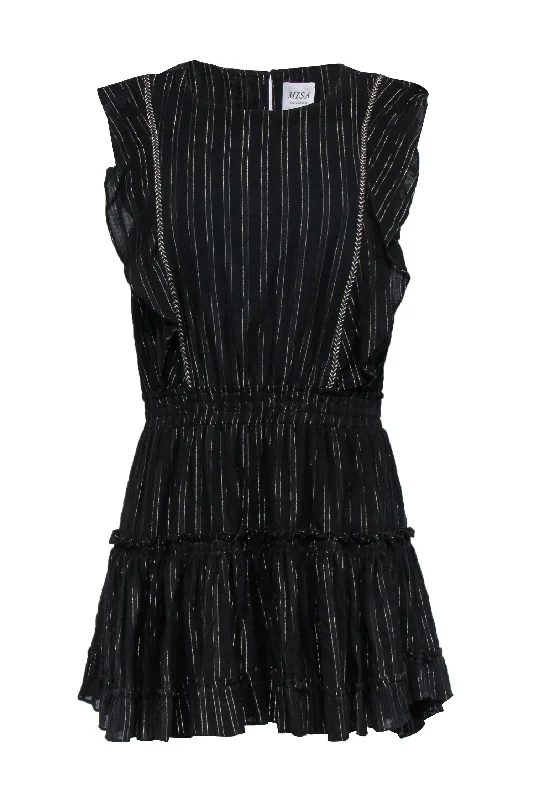 MISA Los Angeles - Black & Gold Pinstriped Ruffled Cotton Dress Sz L Festival unclassified dresses