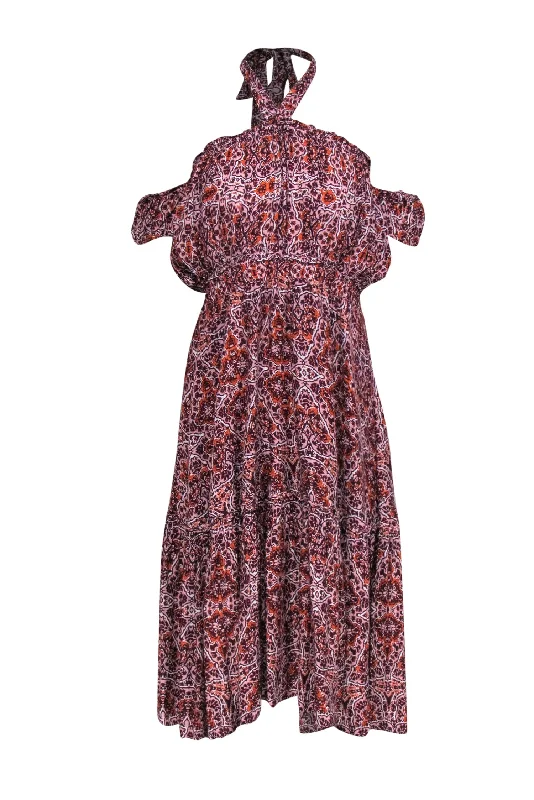 MISA Los Angeles - Pink, Burgundy, & Orange Print Off-the-Shoulder Dress Sz L Ruffled unclassified dresses