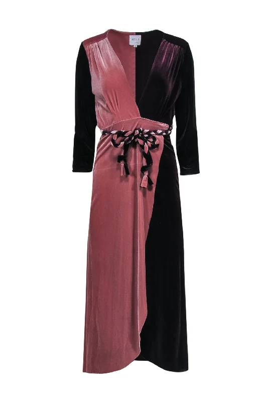 MISA Los Angeles - Burgundy & Blush Velvet Wrap Dress w/ Braided Tie Sz M Monochrome unclassified dresses