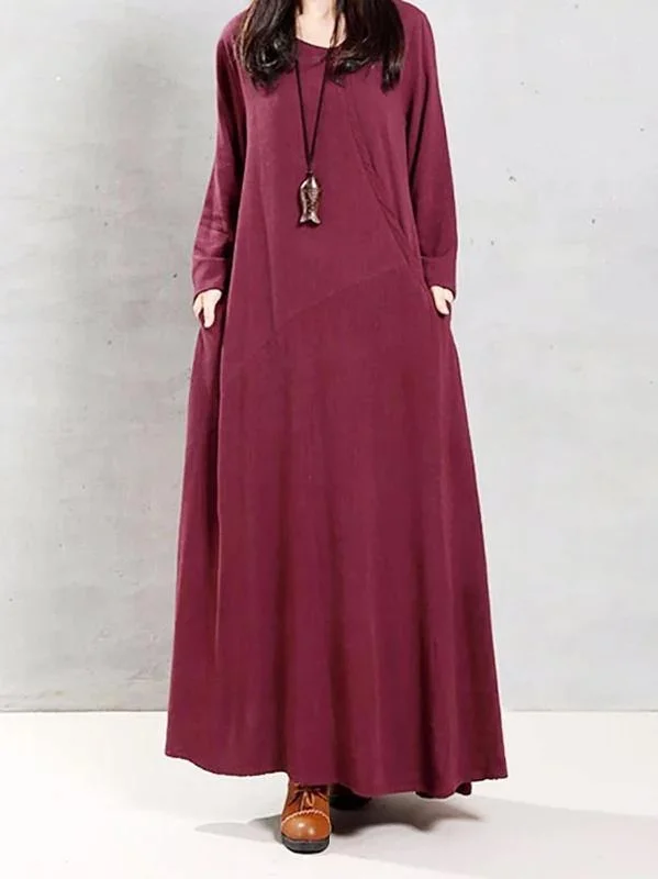 Modern o neck patchwork linen cotton spring Robes Runway burgundy Dress A-line unclassified dresses