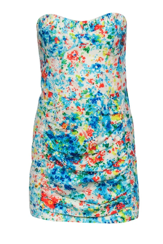 Nanette Lepore - White & Multicolor Printed Strapless Ruched Dress Sz 2 Chic unclassified dresses