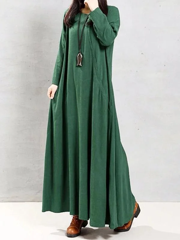 Natural green linen clothes o neck patchwork Robe spring Dress Long sleeve unclassified dresses