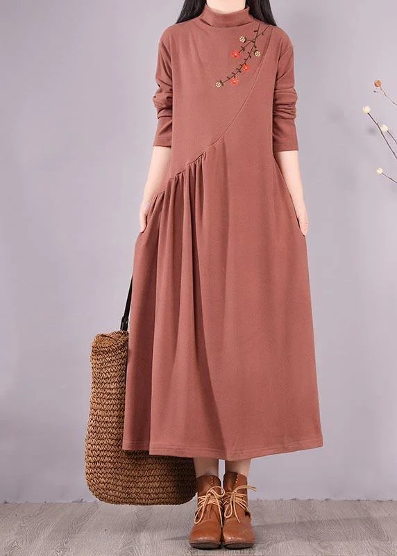 Natural High Neck Cinched Spring Tunic Fabrics Brown Embroidery A Line Dress Tiered unclassified dresses