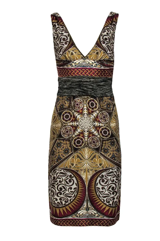 Nicole Miller - Olive Green Printed Silk Dress w/ Crinkled Waist Sz 0 Denim unclassified dresses