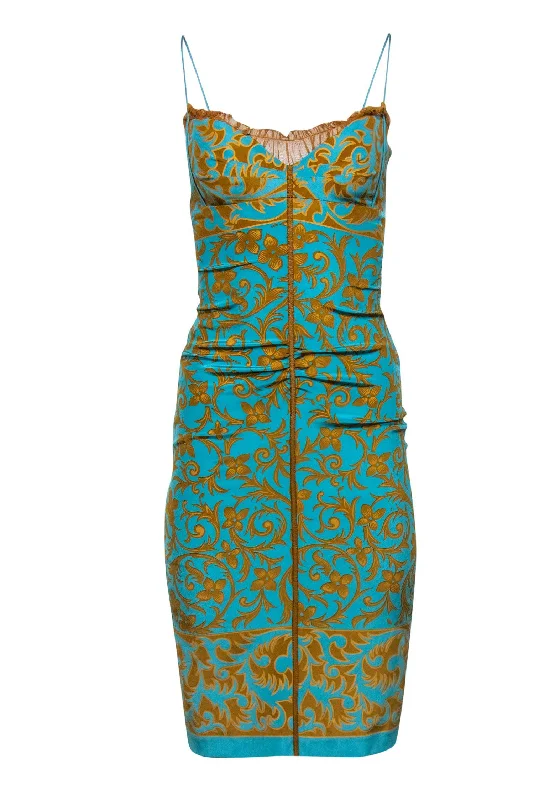 Nicole Miller - Blue & Gold Filigree Printed Silk Slip Dress Sz 0 Neutral tone unclassified dresses