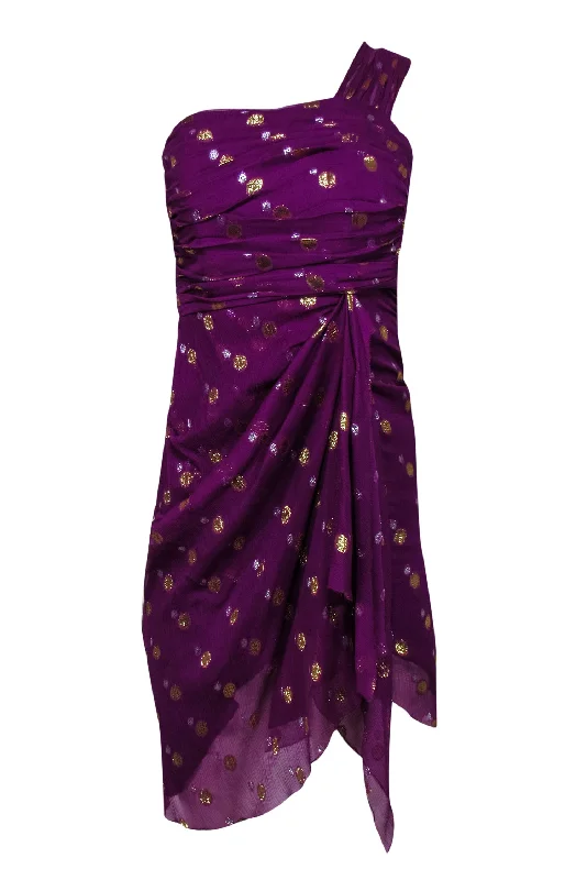 Nicole Miller - Purple Pleated One-Shoulder Dress w/ Silver & Gold Polka Dots Sz 0 Monochrome unclassified dresses