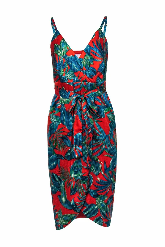 Nicole Miller - Red Satin Tropical Print Surplice Sundress w/ Belt & Slit Sz 2 Formal unclassified dresses