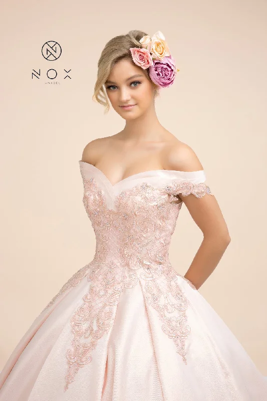 Off Shoulder Blush Ball Gown With Embroidered Cap Sleeves by Nox Anabel -U802 Comfortable unclassified dresses