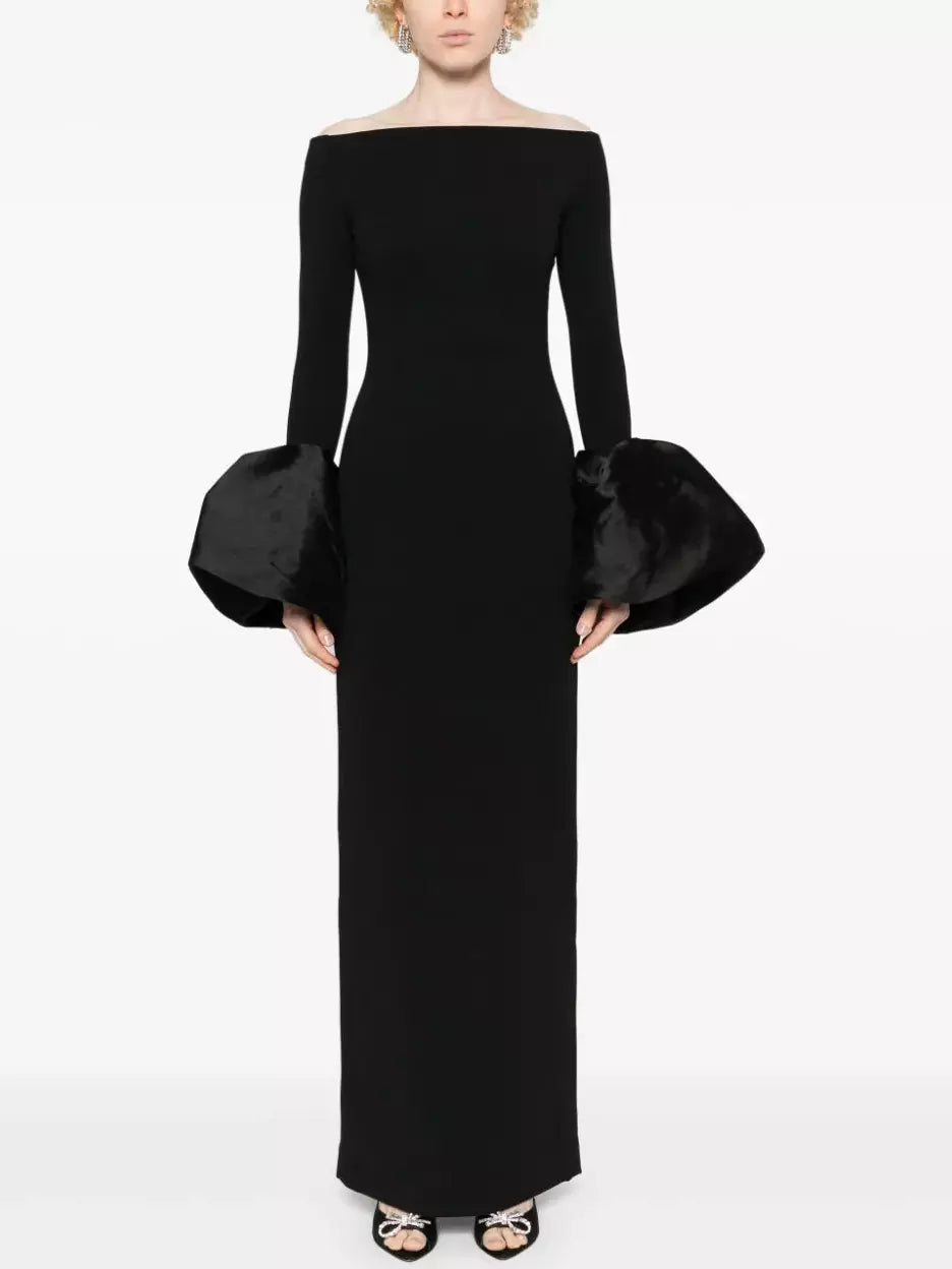 Off-Shoulder Gown with Oversized-Cuffs in Black Soft fabric unclassified dresses