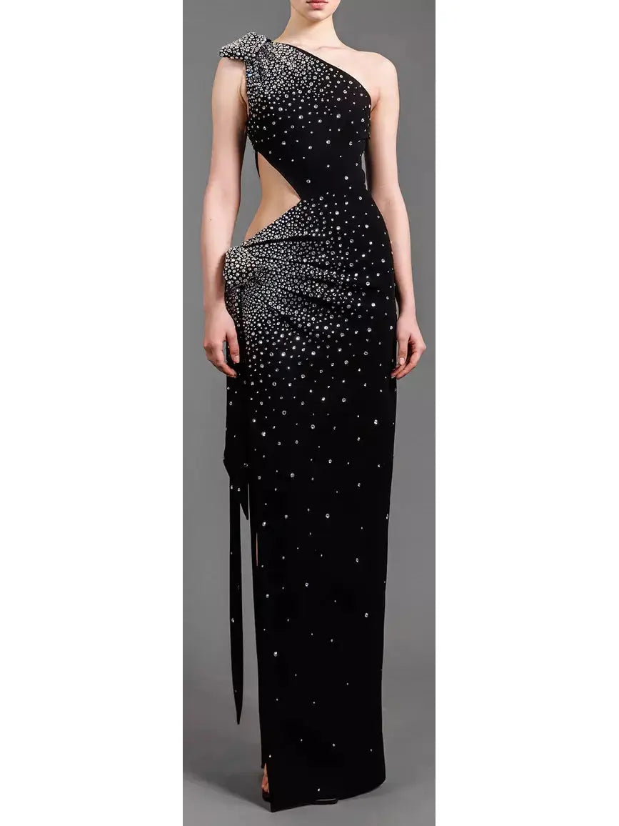 One-Shoulder Black Gown with Waist Cut-Out Embroidered with Crystals Club unclassified dresses