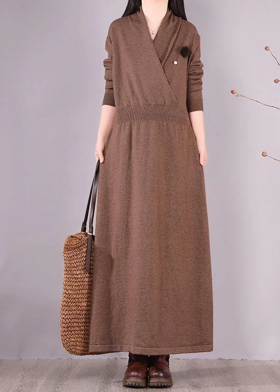 Organic Chocolate Clothes V Neck Asymmetric Dresses Spring Dresses Smocked unclassified dresses