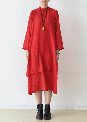 Organic stand collar asymmetric cotton clothes stylish Runway red Kaftan Dress spring Bright color unclassified dresses