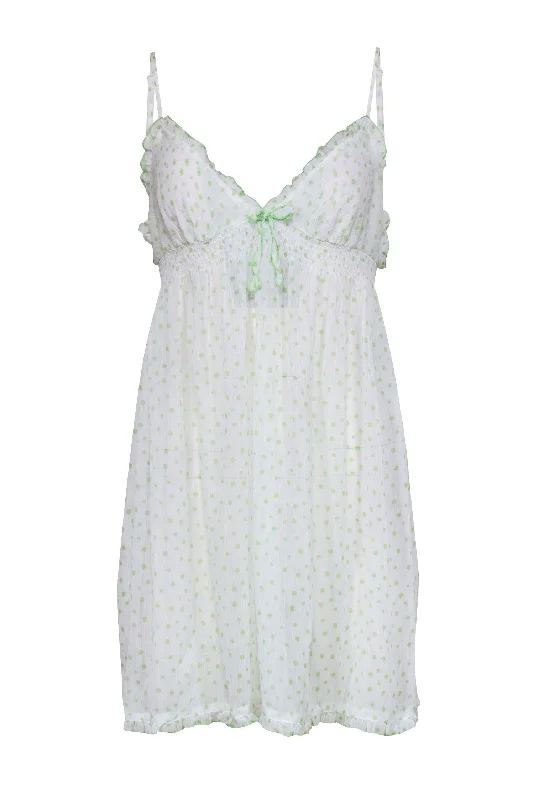 Oscar de la Renta - White & Green Sheer Polka Dot Babydoll Dress Sz XL Street style unclassified dresses