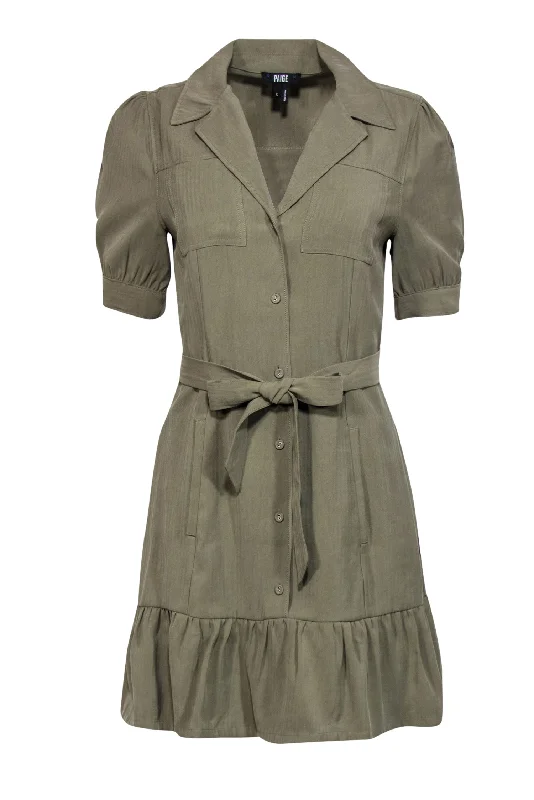 Paige - Olive Button-Up Puff Sleeve Belted Shift Dress w/ Flounce Hem Sz S Casual chic unclassified dresses