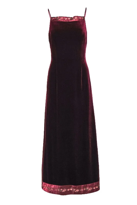 Papell Boutique - Vintage Maroon Velvet Gown w/ Satin & Rose Embroidered Trim Sz 6 Casual unclassified dresses