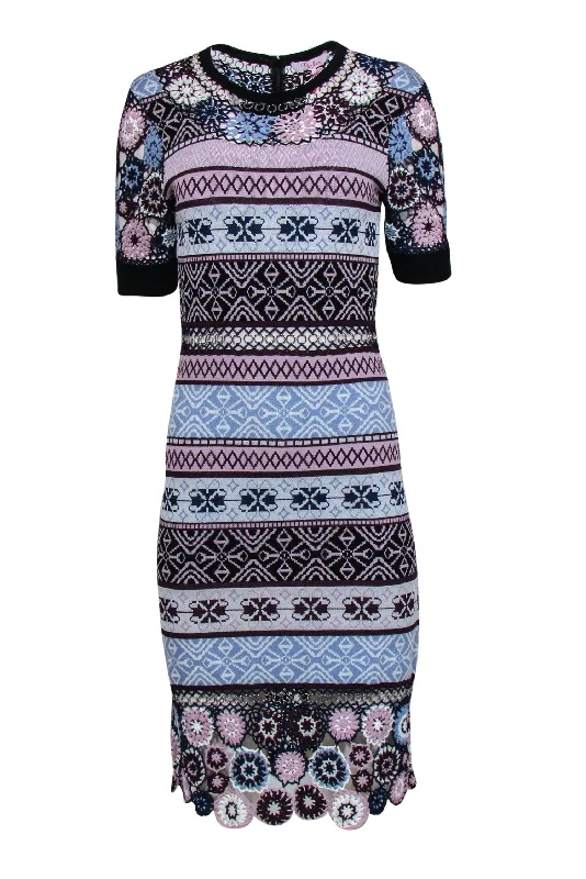 Parker - Blue, Lilac & Plum Knit Dress w/ Crochet Flowers & Motif Pattern Sz L Chiffon unclassified dresses