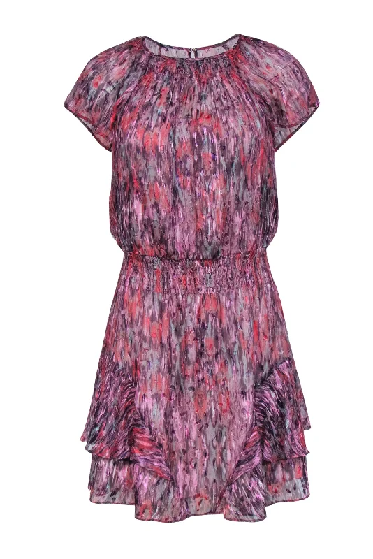 Parker - Purple, Pink & Blue Marbled Flutter Sleeve Fit & Flare Dress Sz XS Spring unclassified dresses