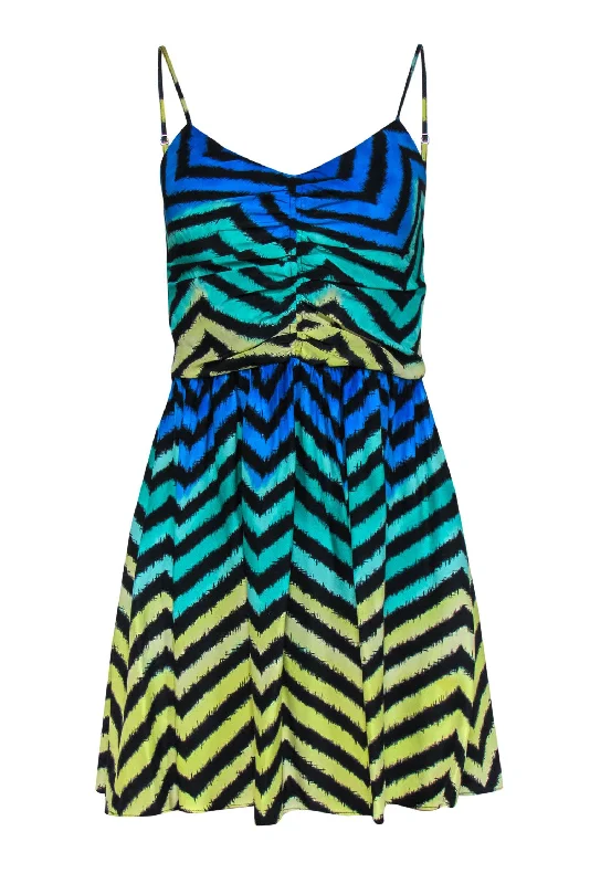 Parker - Blue & Green Marbled Striped Silk Ruched Dress Sz XS Soft fabric unclassified dresses