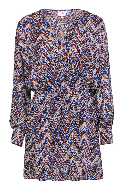 Parker - Rusty Brown, Blue & Beige Printed Silk Plunge Dress Sz XS High-end unclassified dresses