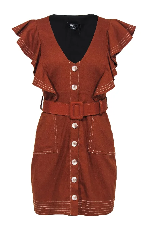 Patbo - Terracotta Linen Blend Ruffled Button-Front Dress w/ Belt Sz 8 Off-shoulder unclassified dresses