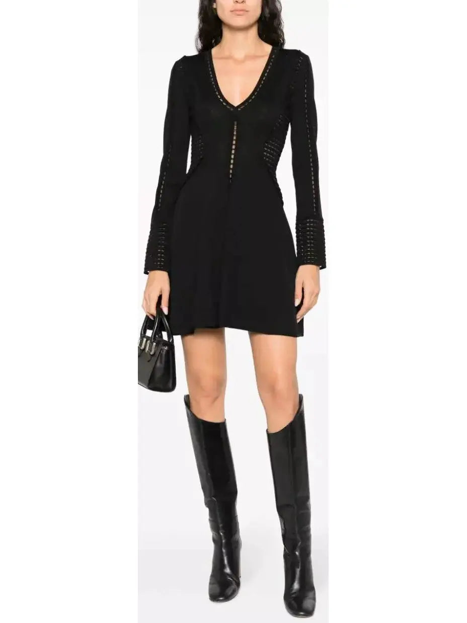 Perforated-Detailing V-Neck Dress, Black Travel unclassified dresses