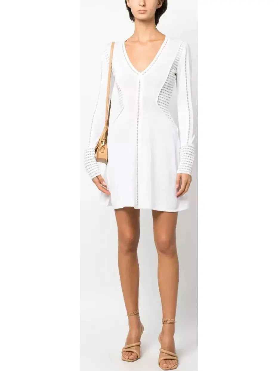 Perforated-Detailing V-Neck Dress, White Lightweight unclassified dresses