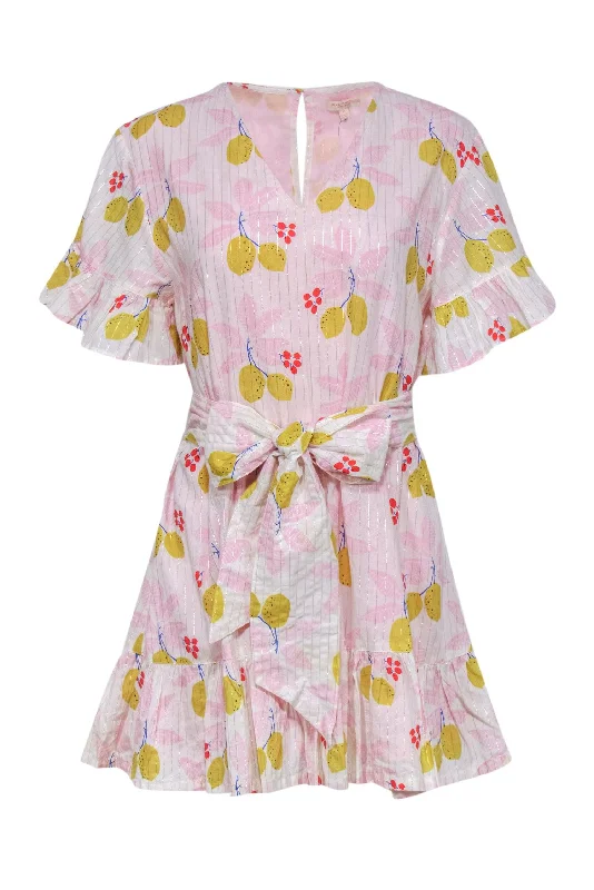 Pink Chicken - Pink & Fruit Print Cotton Dress w/ Belt Sz XS Beaded unclassified dresses