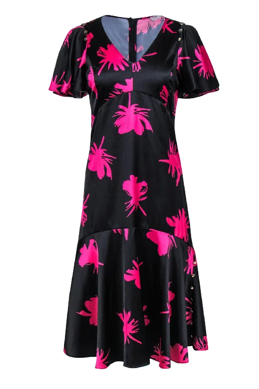 Prabal Gurung Collective - Black & Hot Pink Flower Printed Ruffled Sleeve Dress Sz 4 A-line unclassified dresses