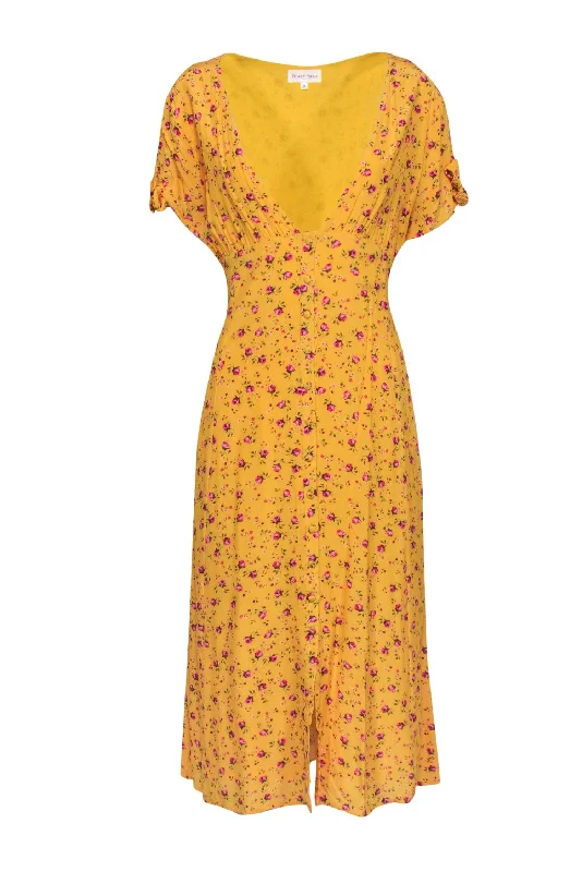 Privacy Please - Mustard & Pink Rose Bud Print Button Front Dress Sz XL Holiday unclassified dresses