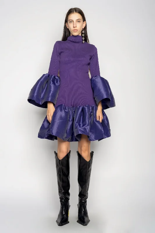 PURPLE PUFF SLEEVE AND HEM DRESS Backless unclassified dresses