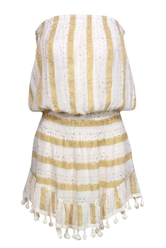 Ramy Brook - White & Gold Sparkly Striped Strapless Dress w/ Pom-Pom Trim Sz XS Fall unclassified dresses