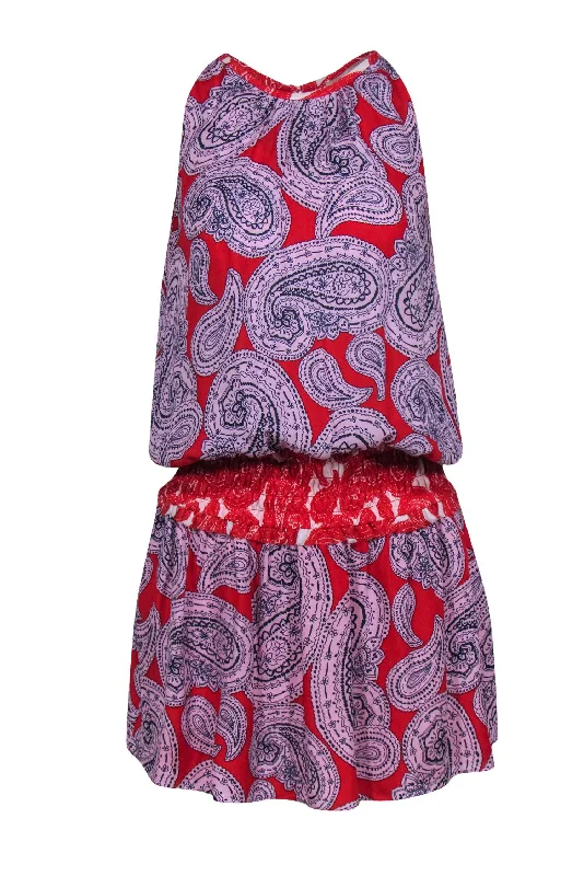 Ramy Brook - Red & Pink Paisley Silk Drop Waist Dress Sz S Tulle unclassified dresses